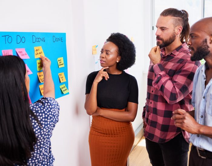 Scrum team participates in daily stand up on KANBAN board, mobile app developers